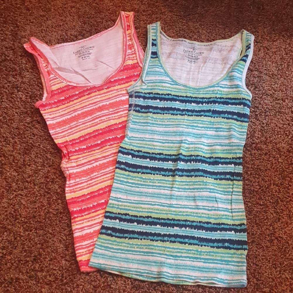 Faded Glory Striped Scoop Neck Tank Tops - Coral Pink & Aqua Blue (2-Pack)